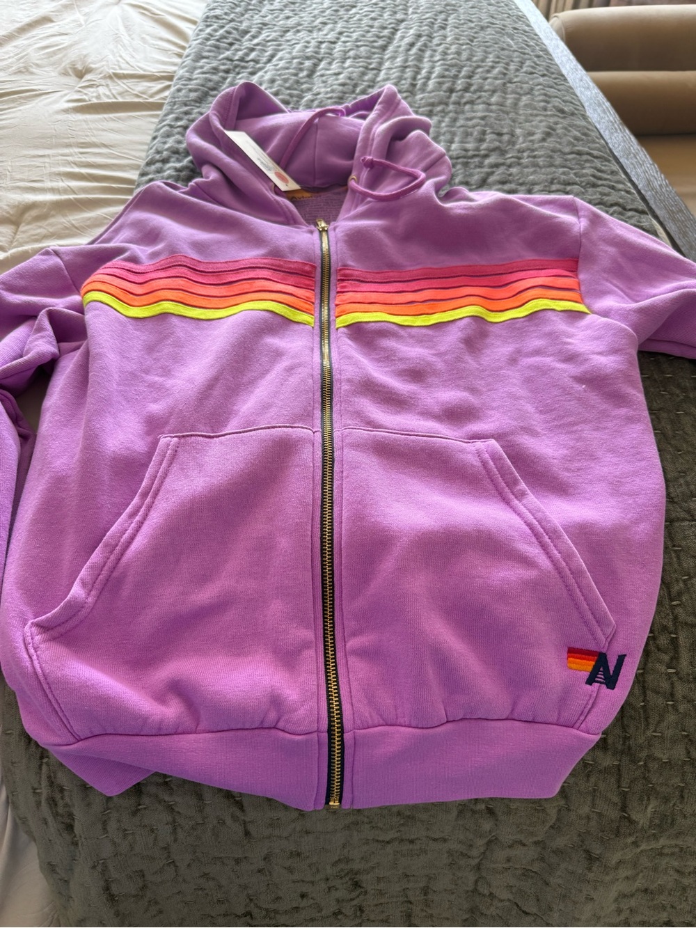 Aviator Nation 5 STRIPE ZIP HOODIE IN NEON PURPLE/NEON size large - Picture 5 of 5